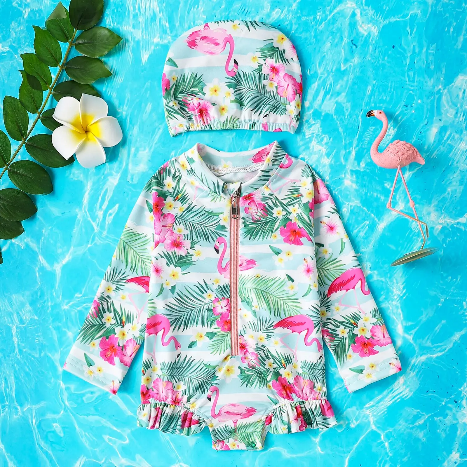 Girls Summer Flamingo Print Long Sleeved Swimsuit+Swim Cap