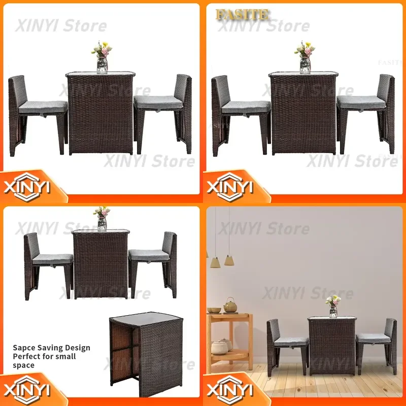 Outdoor Patio Furniture Set for Rattan Wicker Bistro Set for Glass Top Table 2 Chairs Space Saving Design Brown for Small