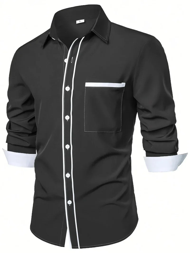 

New Men's Long Sleeved Black White Classic Business Casual Fashion Long Sleeved Solid Color Shirt Single Breasted Pocket Men's