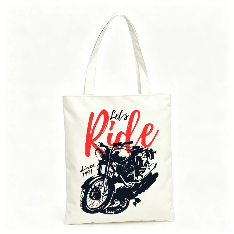 Women's motorcycle graphic canvas tote bag, vintage style for casual outings and daily use