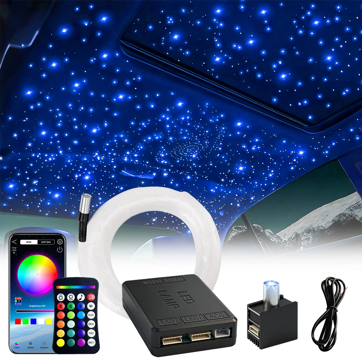 2026 Nieuwe RGBW DC12V 16W 1/2-Split Sterrenhemel Atmosfeerlicht APP Besturing Glasvezel Auto Sterrenhemel Plafond Dak Kits Interieur - afbeelding 1