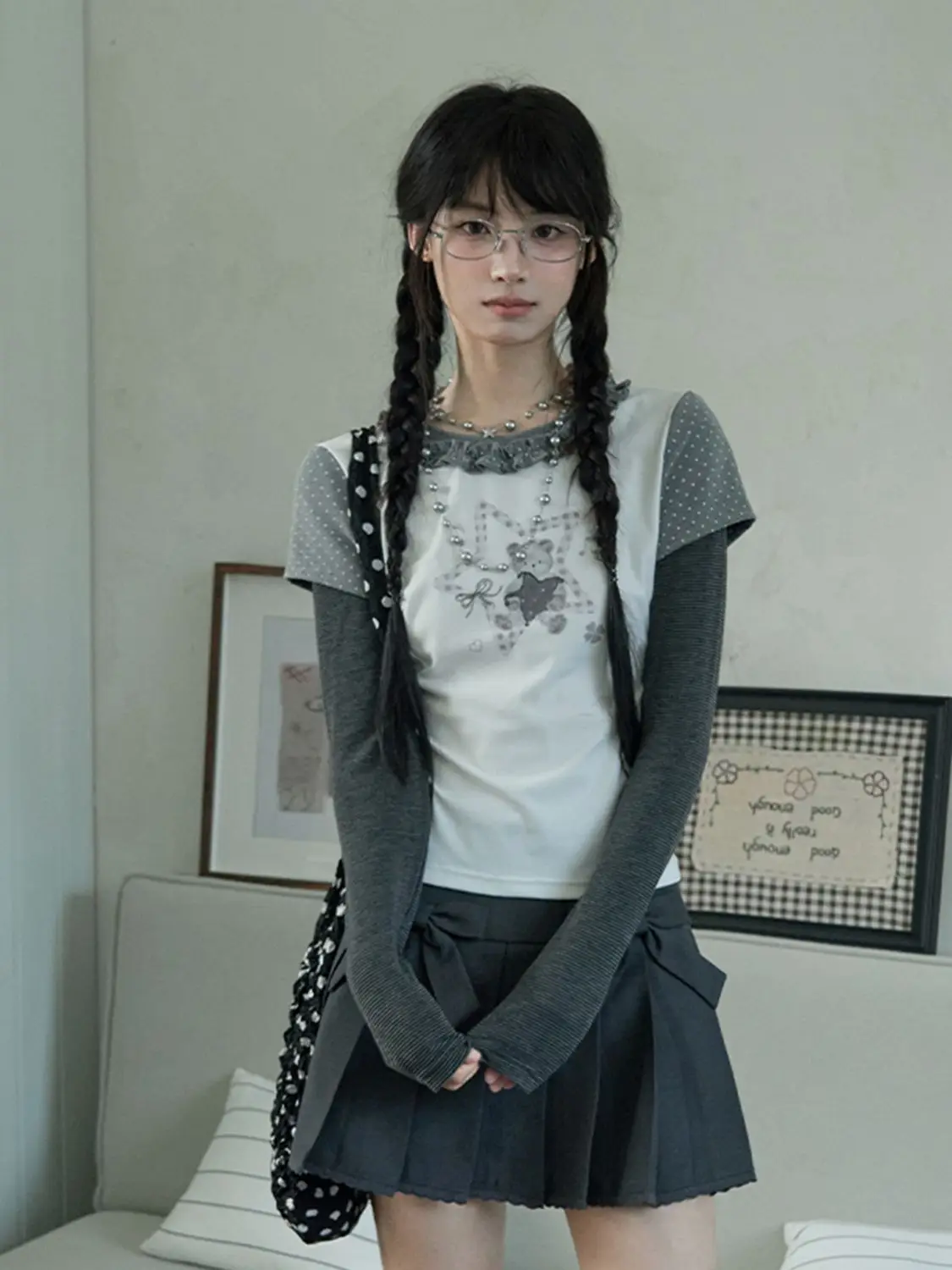 Korean Fashion Pattern Round Neck Long Sleeved T-shirt Classic Three-dimensional Bow Pleated Half Skirt Casual 2-piece Set