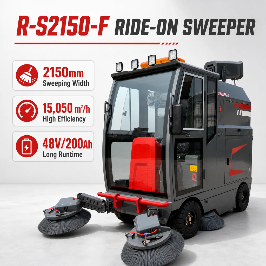 48V Electric Ride on Road Sweeping Machine 2150mm 15000m2/h High Efficiency Enclosed Cabin Street Sweeper with Water Tank