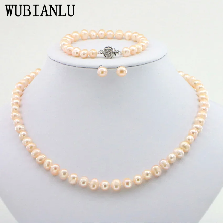 WUBIANLU 4 Colors New Charming Women Hot Sale 7-8mm White Real Pearl Necklace Bracelet Earring Jewelry Wholesale And Retail