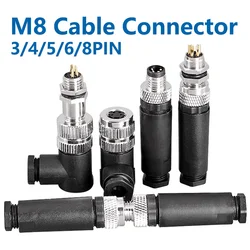M8 3/4/5/6/8PIN Sensor Connector Waterproof Male&Female Plug Straight Angle Threaded Coupling Panel Mount Flange Socket
