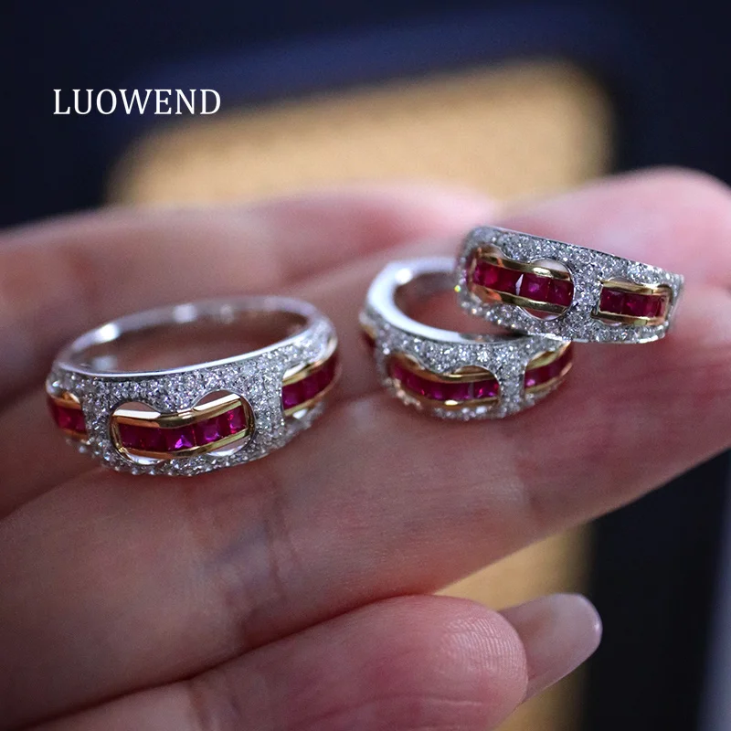 

LUOWEND 100% 18K White+Yellow Gold Rings Elegant Style Shiny Diamond Natural Ruby Gemstone Ring for Women High Party Jewelry