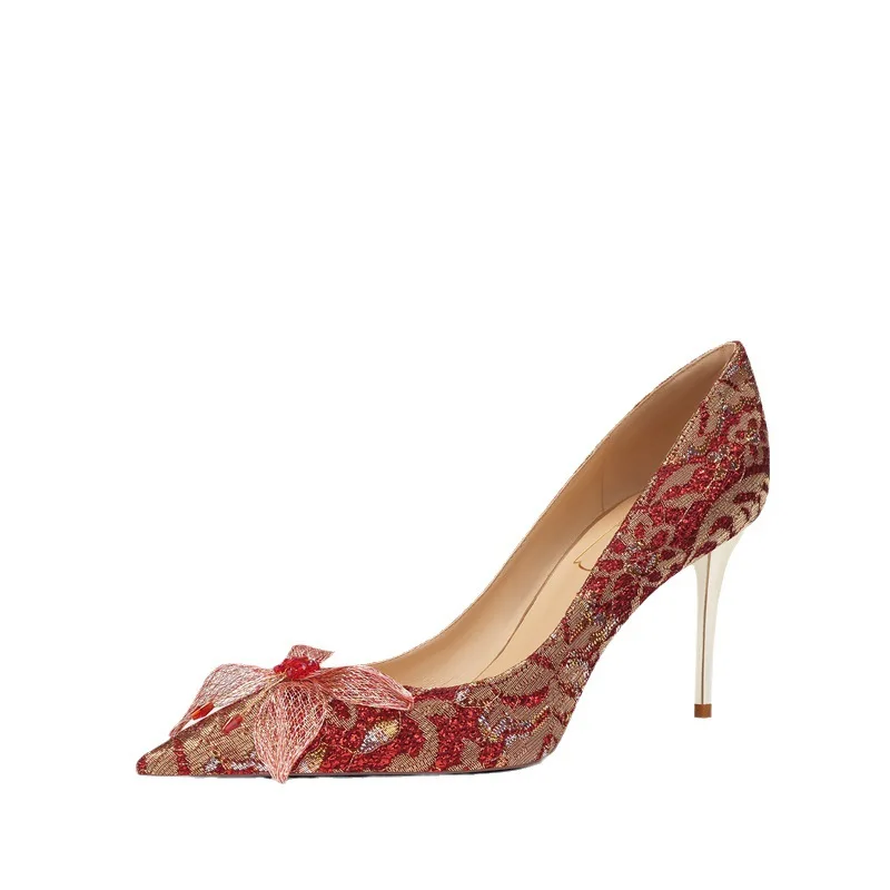 

Свадебные туфли, красные свадебные туфли Xiuhe, темпераментные свадебные туфли для подружки невесты на французском высоком каблуке из овчины, женские туфли на каблуке