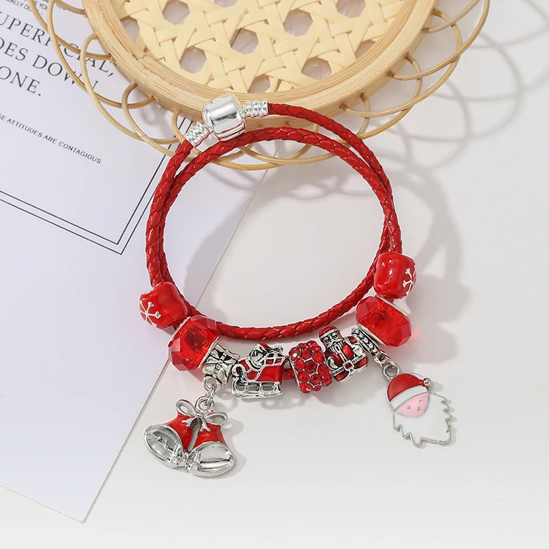 DIY Santa Claus Beads Fit Red leather Cord Charm Bracelet With Bell & Snowman Pendants For Women Kids Christmas Jewelry Gift