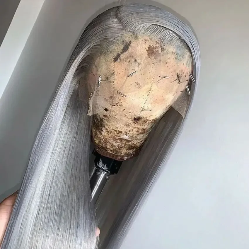 

Вьетнамский серебристо-серый парик с кружевной передней частью из натуральных волос, 13x4, прямой, блонд, для женщин