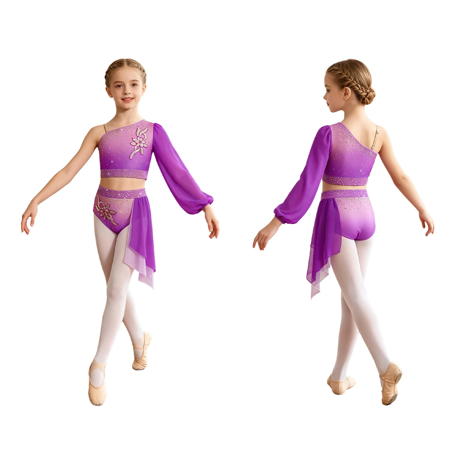 

Kids Girls Lyrical Figure Skating Ballet Dance Performance Applique Outfit One Shoulder Long Sleeve Crop Top with Draped Skirt