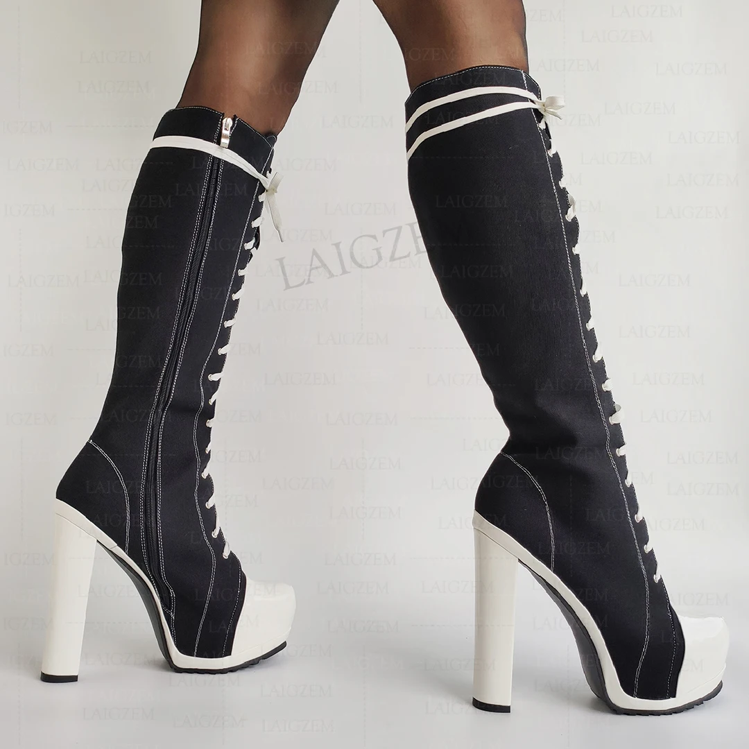 ZHIMA Women Knee High Boots Platform Full Zipper Thick Heels Boots Wide Calf Friendly Ladies Shoes Woman Big Size 41 43 46 52