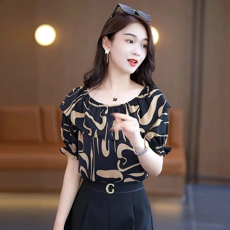 Fashion Slash Neck Printed Ruffles Chiffon Blouses Women Clothing 2024 Summer New Loose All-match Tops Butterfly Sleeve Shirts