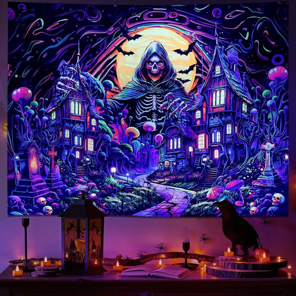 

Ameyahud Blacklight Horror Halloween Tapestry UV Reactive Gothic Skull Tapestries Misty Castle Skeleton Tapestries Scary Moon Ni