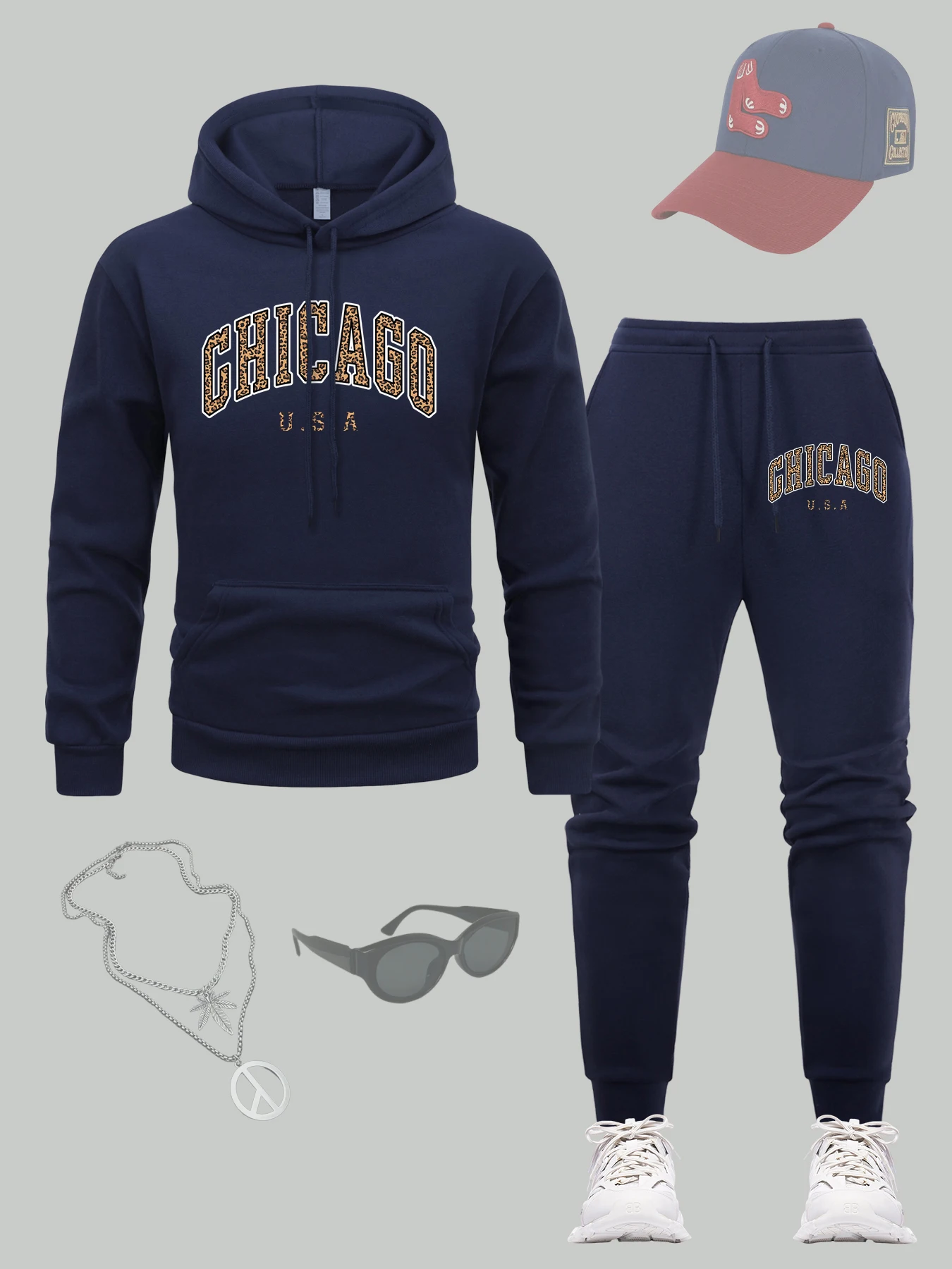 

Chicago Art City Usa Print Hoodie Set Man Pocket Multicolor Hoodies Fleece Loose Sweatpants Autumn All-Match Clothing Sets