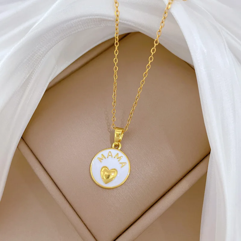 بسيطة الأبيض المينا ماما القلب جولة قلادة القلائد للنساء الذهب اللون الفولاذ المقاوم للصدأ سلسلة مجوهرات هدايا عيد ميلاد للأم
