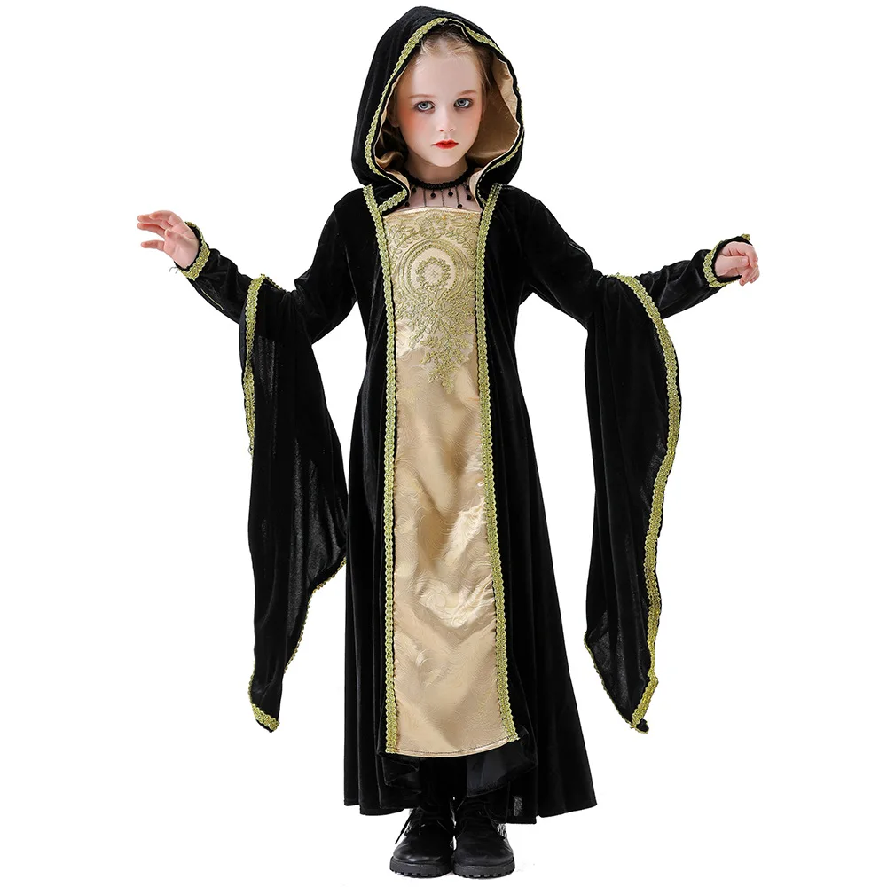 

Girls New Halloween Costume Cosplay Vintage Medieval Court Queen Hooded Dress Masquerade Role Playing Party Outfit