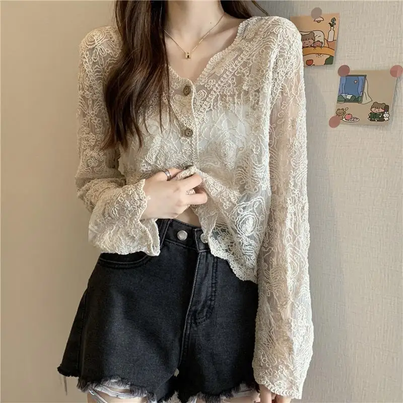 Korean Sexy Female Perspective Solid Lace Tops Spring Summer Thin Casual All-match Long Sleeve Buttons Cardigan Women\'s Clothing