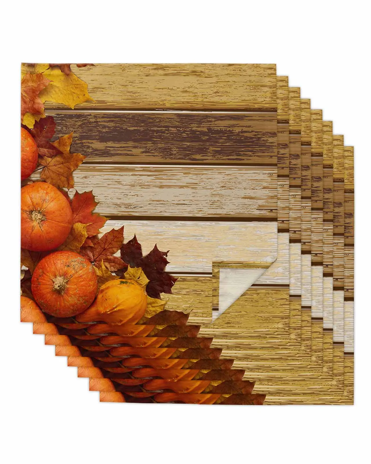 4pcs Pumpkin Leaf And Wood Grain  Table Napkins Cloth Set Kitchen Dinner Tea Towels Table Mat Wedding Decor Napkins