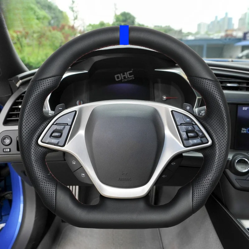Premium Full Leather Heated Steering Wheel Direct Fit Replacement for Chevrolet Corvette C7 Z06 ZR1 Grand Sport 2014-2019 OE