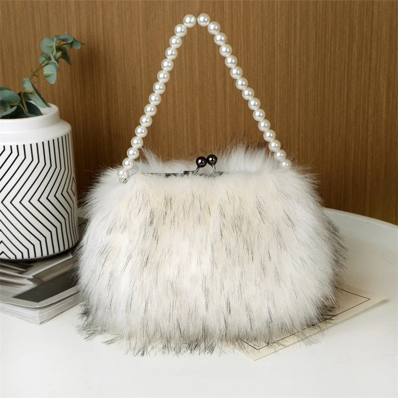 Fashion Casual Leather Shoulder Bag Women Luxury Imitation Raccoon Fur Shoulder Bag Pearl Chain Embellished Crossbody Bag