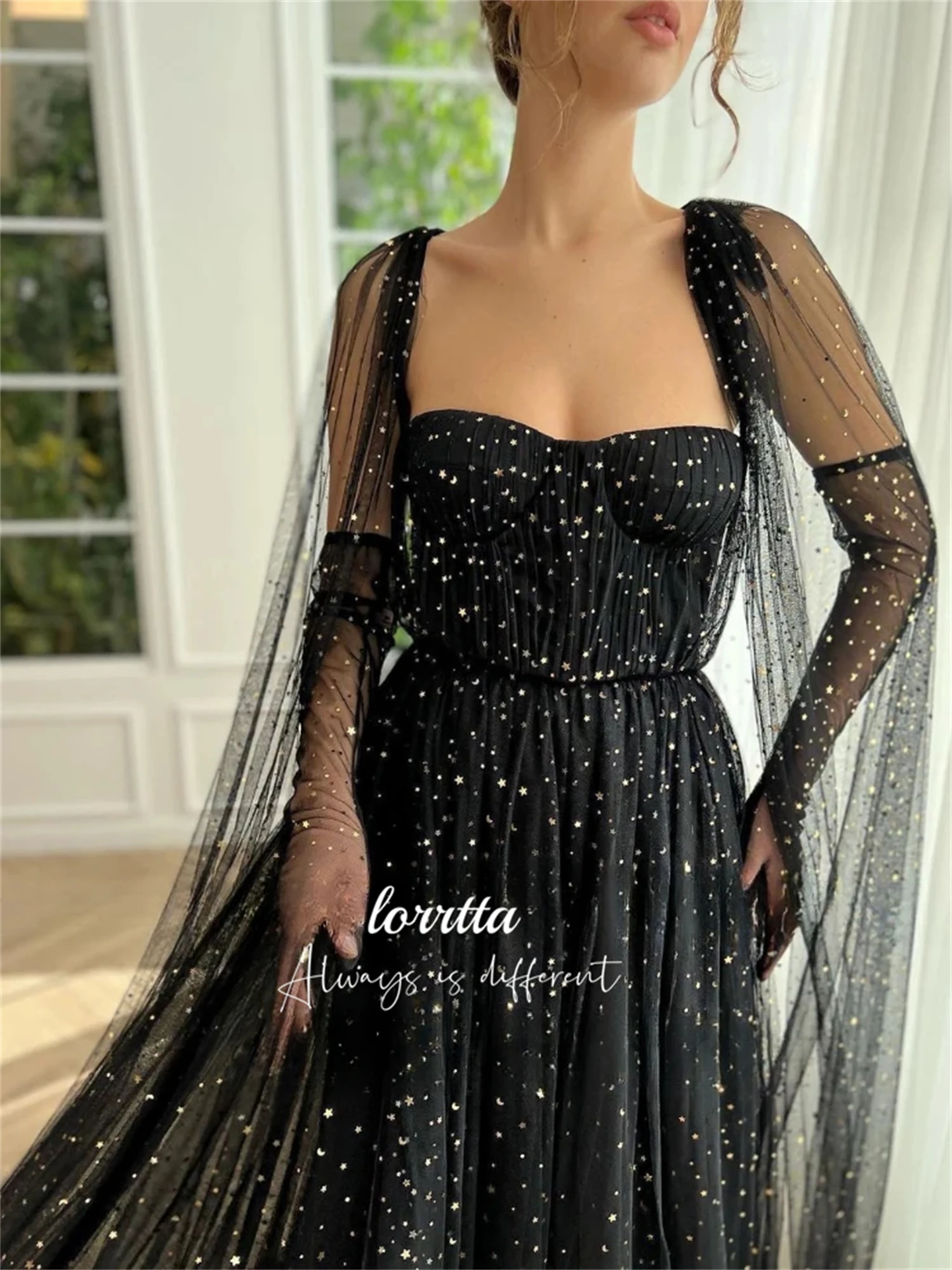 Lorrtta Shawl Graduation Gown Evening Dress Black Shiny Decorative Fabric Party Young Girls Dresses for Formal Occasions Prom