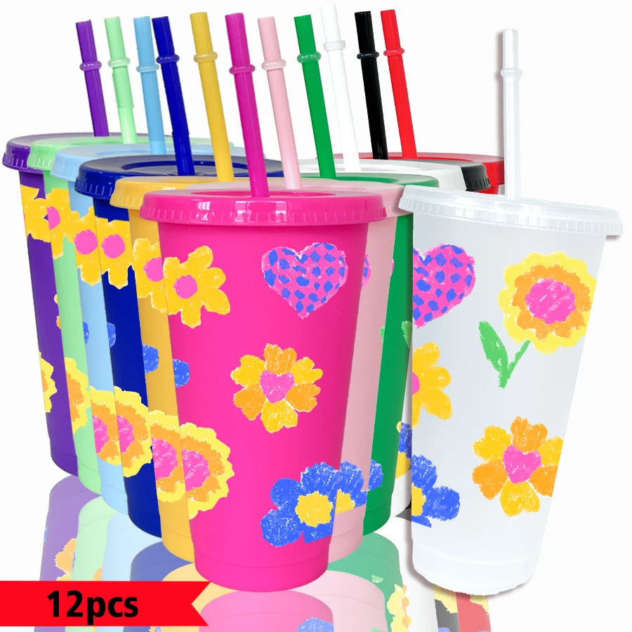 12pcs-set-flowers-heart-shaped-patterns-26oz-colored-plastic-party-cold-cups-back-to-school-birthday-gift-gameday-drinkware