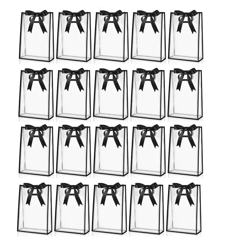 AEE6-20Pcs Clear Plastic Gift Bag With Die Cut Handles Reusable Flower Candy Bag With Ribbon