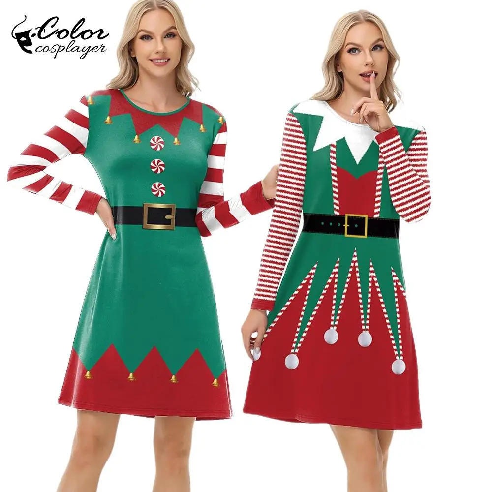 Color Cosplayer Christmas Dress Long Sleeved Stripes 3D Printed Dresses Ladies Xmas Party Dress Up Carnival Cosplay Costumes