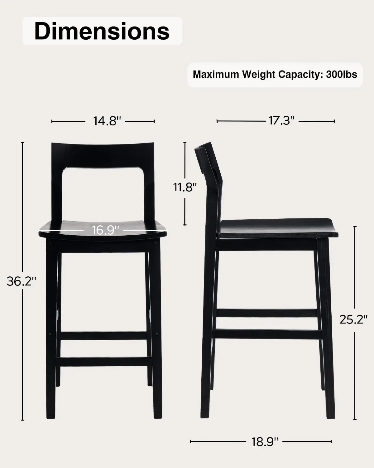 Modern Wood Barstools Set of 4, Counter Height Bar Stools Armless Farmhouse Wooden Bar Dining Chairs with Back & Footrest for Ki
