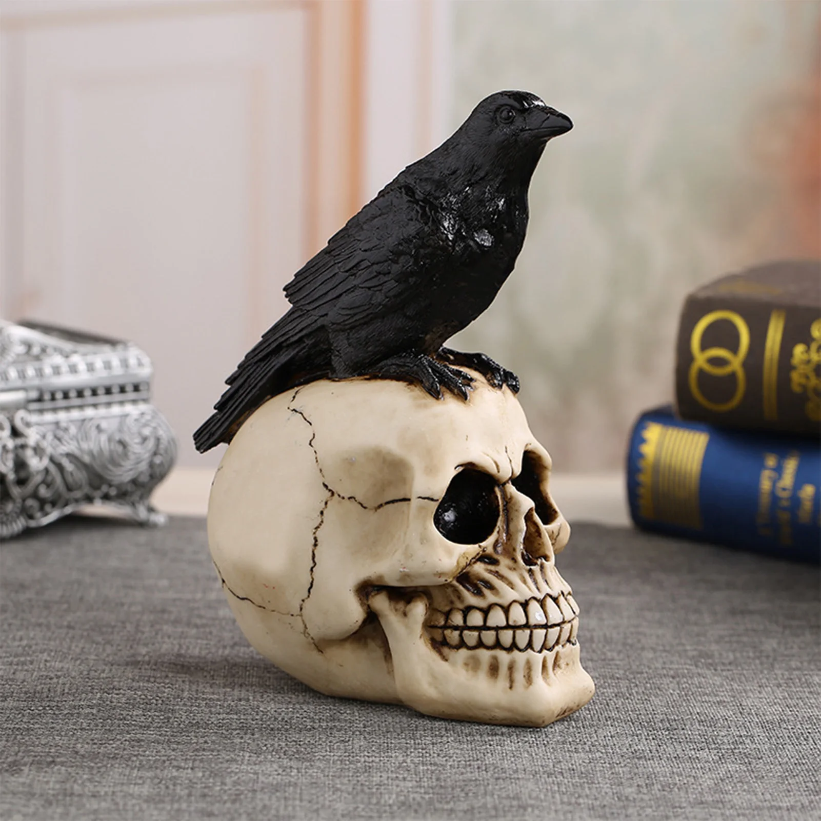 

Horror Skeleton Crow Figurines Halloween Skull Head Miniature Skeleton Head Figurine Suitable for Halloween Party Decor