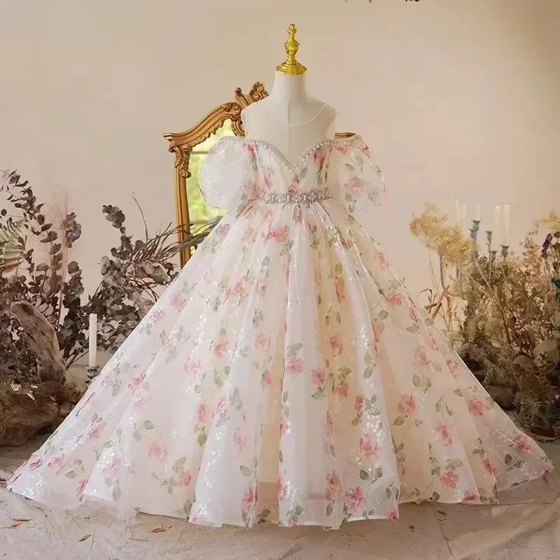 Flower Girl Floral Long Dress Vintage Children Dresses Ball Gown for Wedding Party Formal Kids Prom Clothes Evening Bridesmade