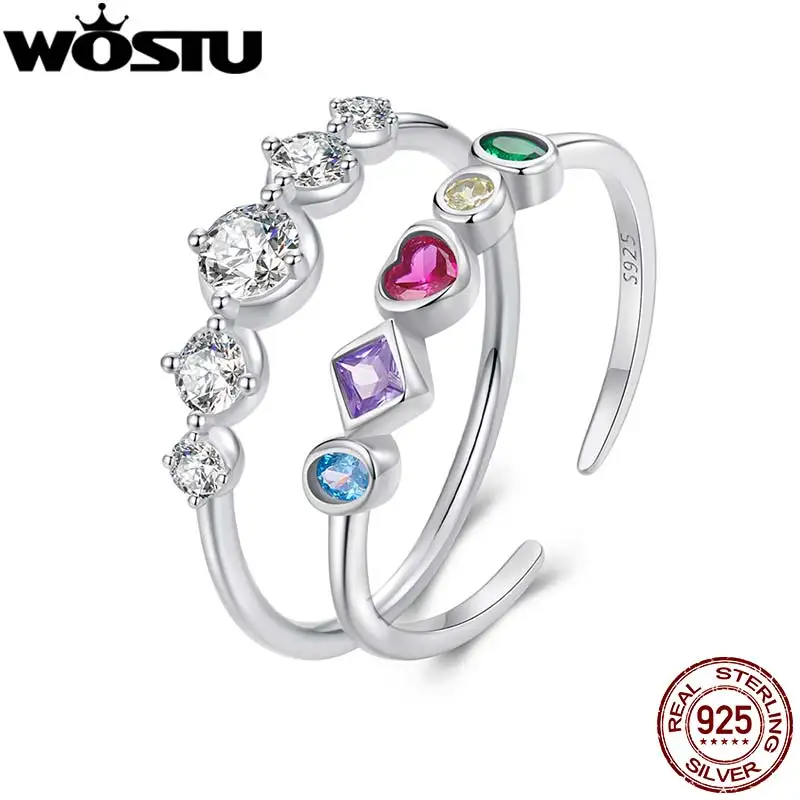 WOSTU Stackable Jewelry 925 Sterling Silver Colorful Zircon Opening Ring , AAA Clear Round CZ Irregular Finger Rings Girl Gift