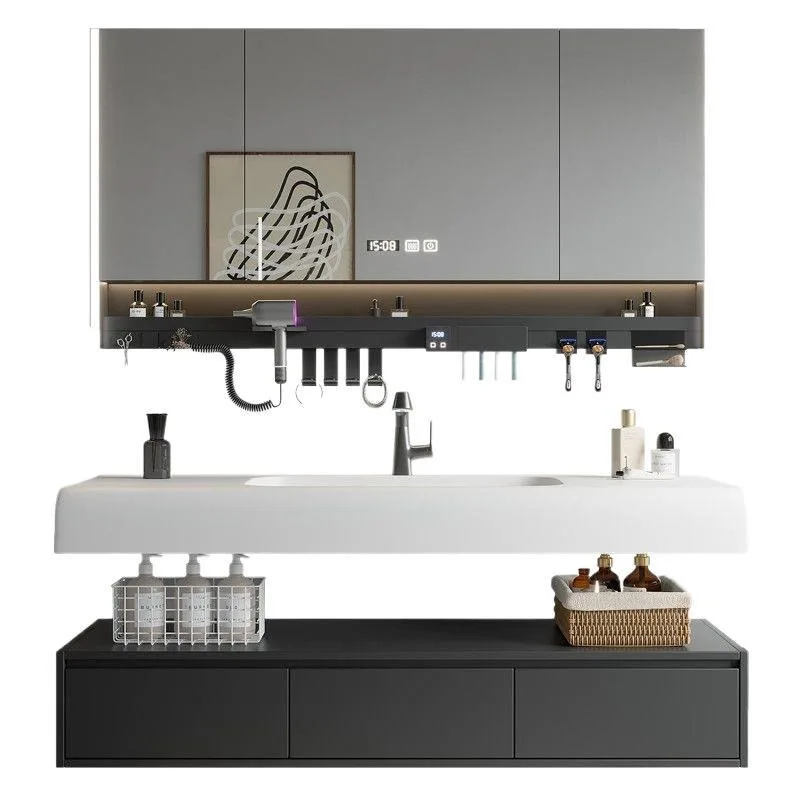 Black integrated two-layer bathroom cabinet combination, smart handwash, and a clean, skin-resistant washbasin with a modern
