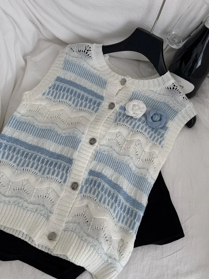 سترة صيفية محبوكة أنيقة مجوفة مستديرة Ne Svel ملابس نسائية لون Blo مخطط تصميم زهرة مجوفة #1