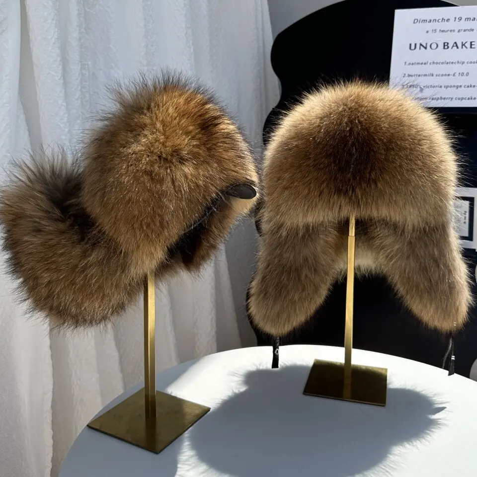 Real Fox Fur Trapper Hat Men Women Genuine Leather Aviator Cap Russian Ushanka Winter Warm Ear Flap Bomber Hat Natural Fur Hat
