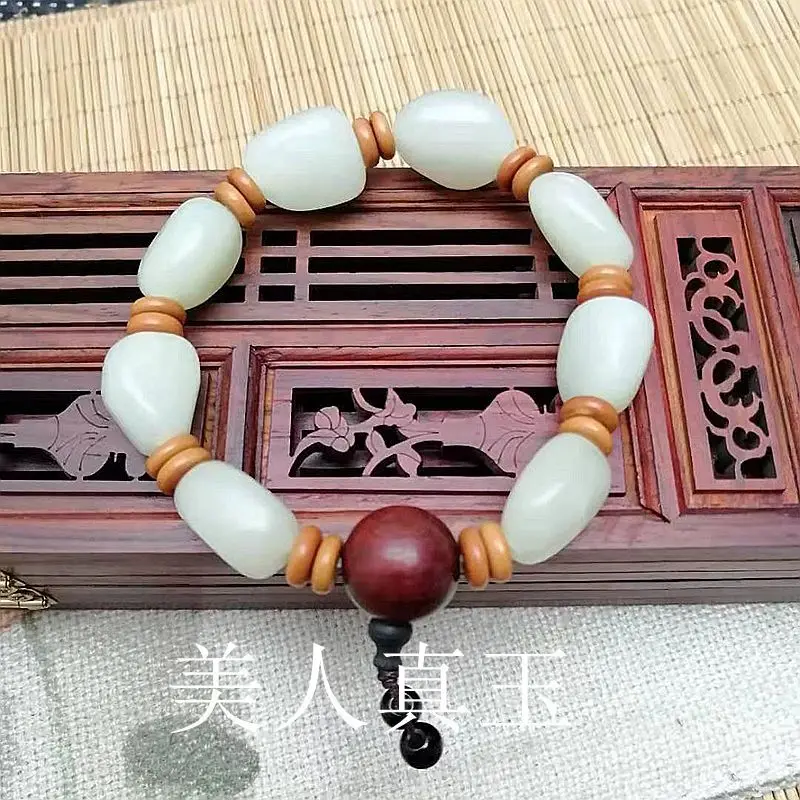 Factory White Hetian Jade Pebble with Men's Rough Stone Bracelet