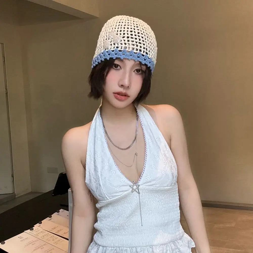 

Retro Handmade Crochet Flower Hat Bohemian Style Thin Beanies Hat Ethnic Style Korean Hollow Out Knitted Hat Spring and Summer