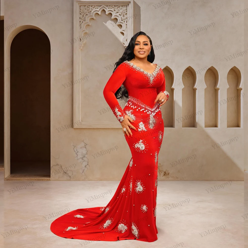 Gaun Malam Merah Diamantes Panjang Mewah 2025 Model Duyung V-Neck Berhias Berlian Imitasi Seksi Afrika Formal Pesta Prom Gala Gaun Dapat Disesuaikan