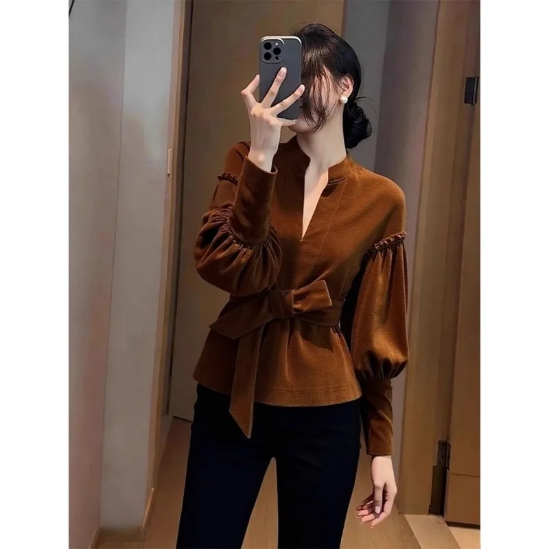 جديد الراقية المخملية بلوزة المرأة الخريف موضة أنيقة الخصر النحيف الدانتيل يصل القوس فانوس كم الخامس الرقبة بلون علوي مكتب سيدة #5