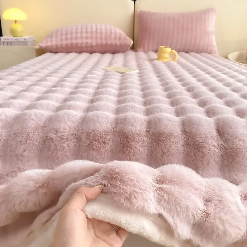 

Winter Warm Imitation Rabbit Plush Bed Sheet Soft Bedspread Bed Cover Blanket Couple Luxury Double Bed King Size Mattress Cover