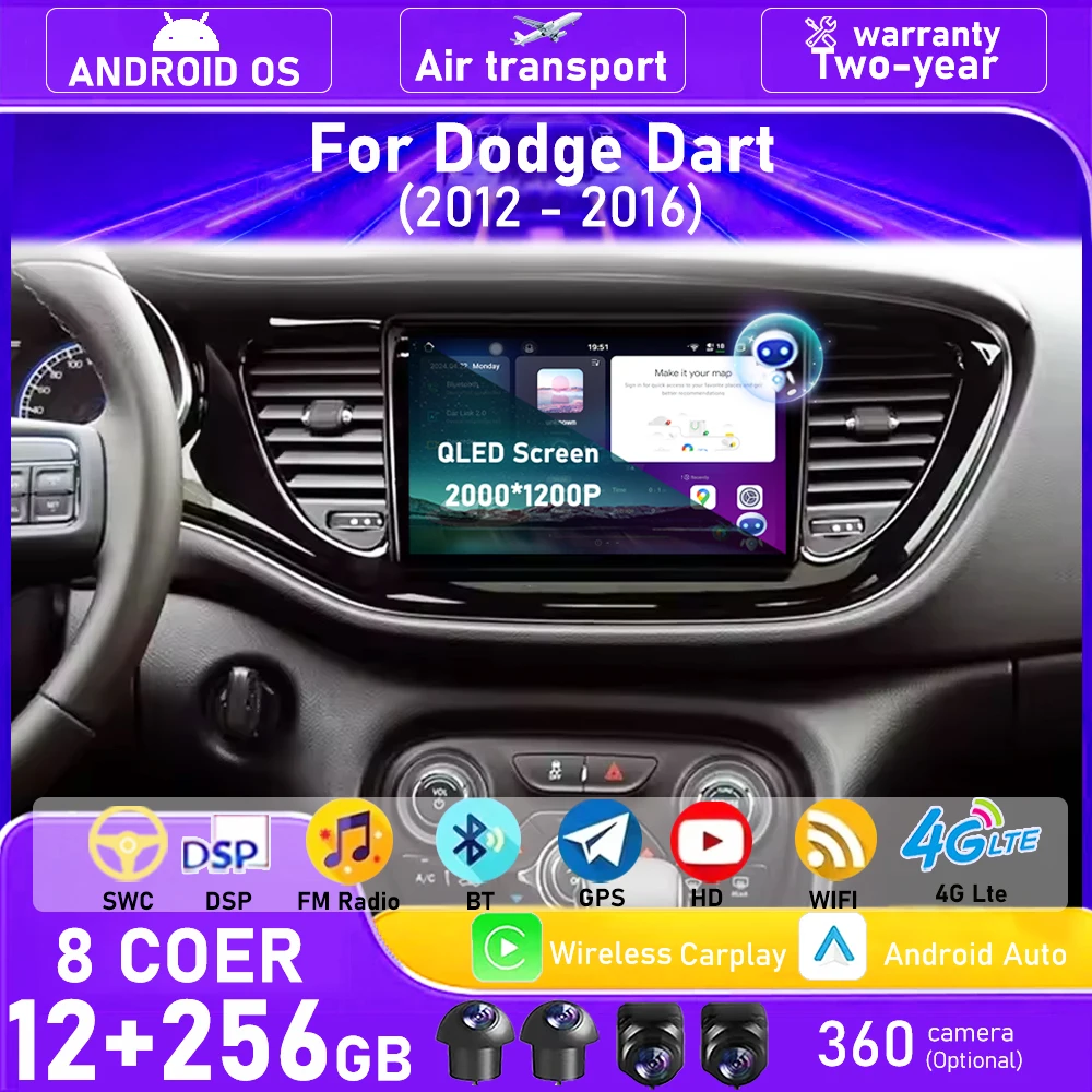 Radio Multimedia para Auto con Reproductor de Video, GPS, Navegación, Estéreo para Dodge Dart 2012 - 2016, Android 16, Auto Carplay, Bluetooth, DSP, 9 Pulgadas