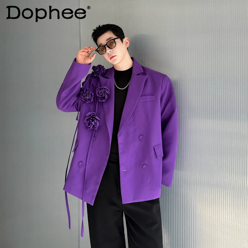 

Мужские весенне-осенние новые модные трехмерные пиджаки в стиле ретро 2024, мужские пиджаки со съемной подкладкой и цветочным принтом на плечах, куртки