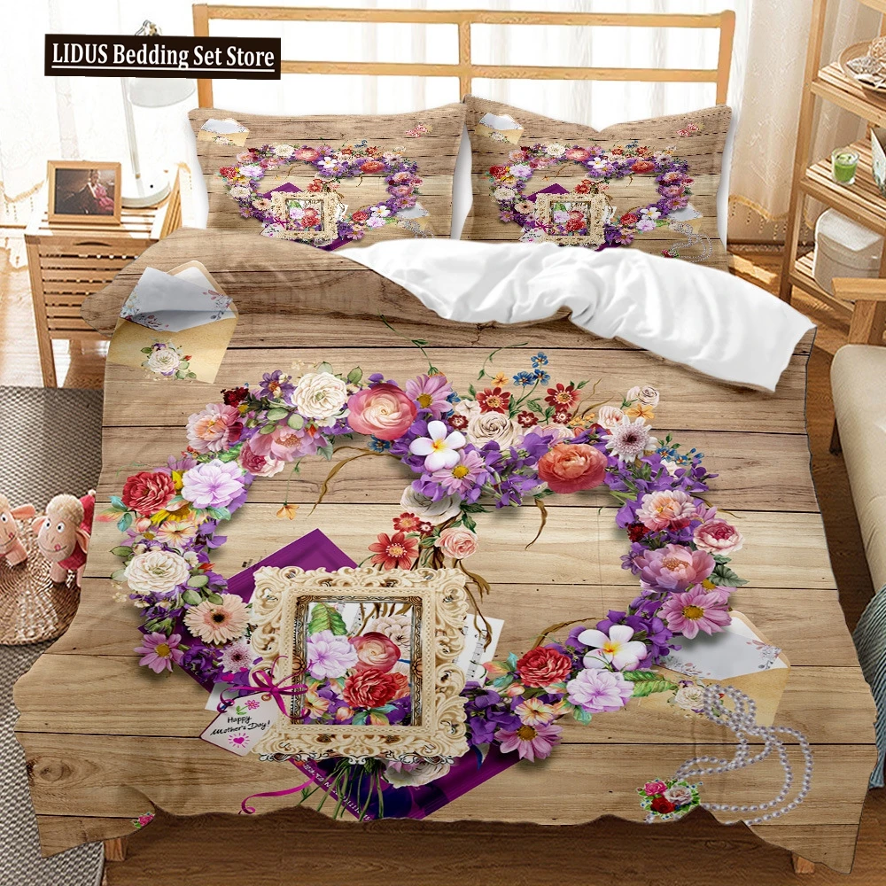 

Romantic Theme Duvet Cover Set Heart Shape Love Colourful Flower Valentine's Day Polyester Comforter Cover Lover Couple Gift