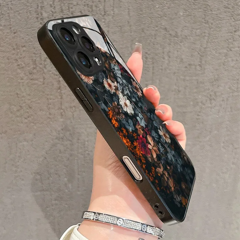 Capa de telefone de vidro com estampa floral retrô para Samsung A07 A26 A36 A56 A16 A06 A55 A35 A14 A34 A54 A24 A25 A15 A34 A54 A24 A05 4G 5G