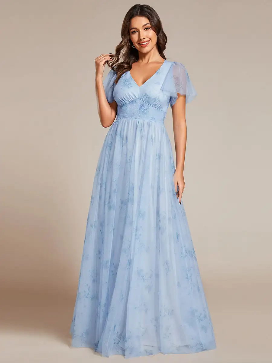 Elegant Evening Dresses Floral Tulle Deep V-Neck Short Sleeve 2024 Ever Pretty of Printing Ice blue Bridesmaid Dress