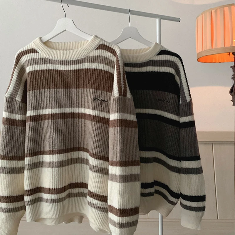 New Popular Spring Autumn Stripe Pullover Retro Lovers Sweater Casual Round Neck Contrast Color Knitted Men's Pullover Clothing