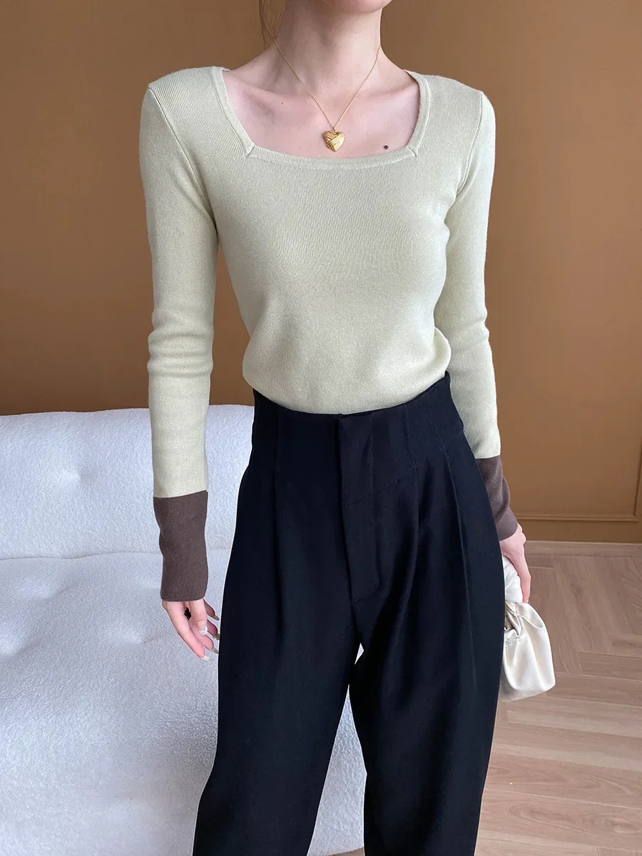 French Style Elegant Square Collar Knit Pullovers Contrast Color Long Sleeve Slim Fit Sweaters 2024 Autumn New Bottomed Jumpers