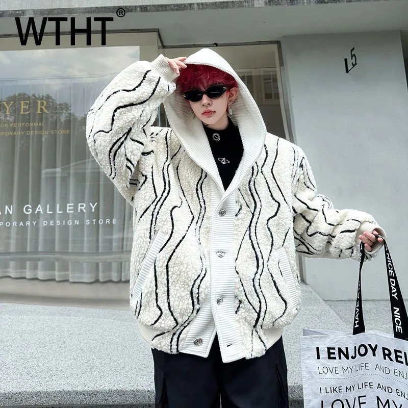 WTHT Fashion Men's Striped Fake Two-pieves Contrast Color Coats Trendy 2025 Autumn Hooded Long Sleeves Jackets Male 2A2356