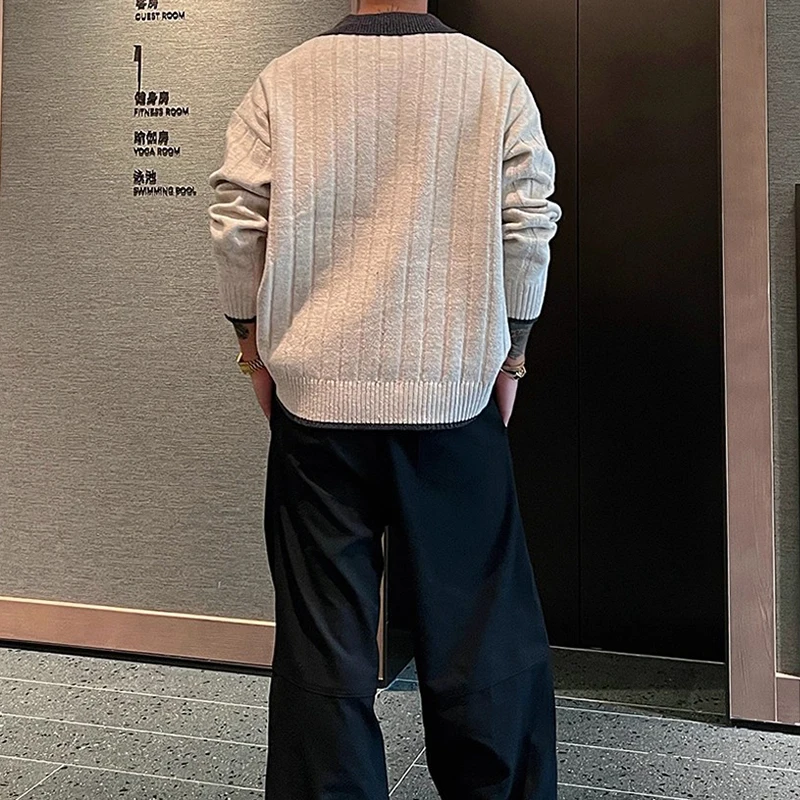 الشتاء اليومية عادية رجالي المرقعة البلوزات 2026 الربيع العصرية التباين اللون زر قمصان بولو محبوك الرجال سترة طويلة الأكمام #3