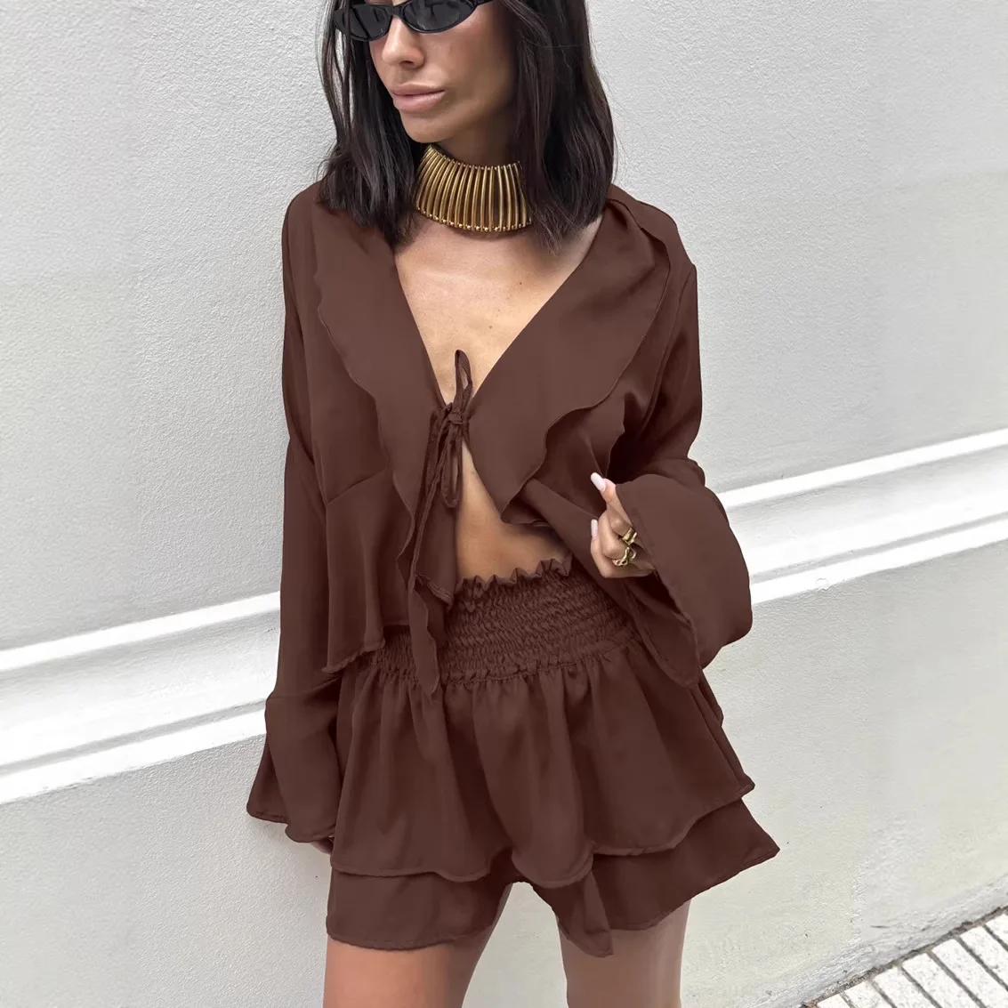 French Vintage White Chiffon 2 Piece Set Women Summer Sexy Ruffle V-Neck Tie Front Top Layer Skirt Set Elegant Boho Beach Outfit view 3